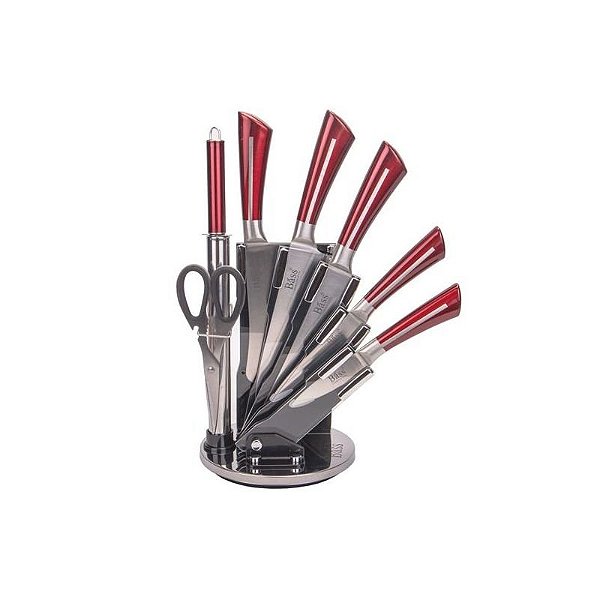 Conjunto de Facas de Aço Inoxidável 7 Peças com Suporte Rotativo Vermelho