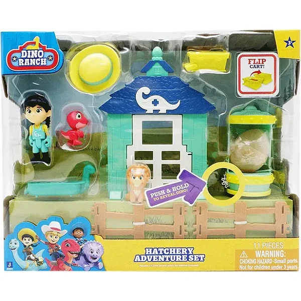 Boneco Dinossauro com Rancho Hatchery Aventura - Conjunto de 11 Peças da Jazwares