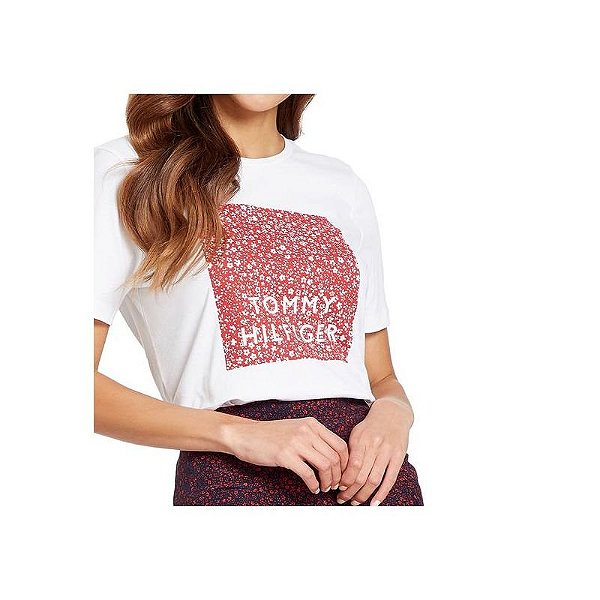 Camiseta Tommy Hilfiger Feminina Ww0Ww26661 02S 000 Áudio M Branco Tmmy Flo