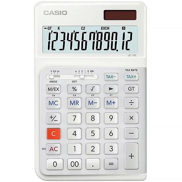 Calculadora Casio JE-12E 12 Dígitos - Branco e Prata, Ideal para Uso Escolar e Profissional