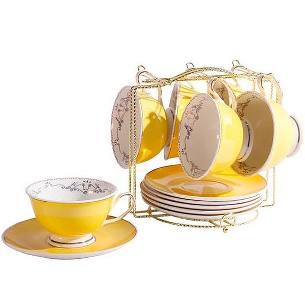 Conjunto Elegante de 6 Xícaras e Pires com Suporte para Café ou Chá