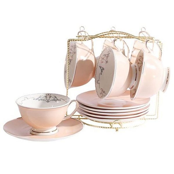 Conjunto Elegante com 6 Xícaras e Pires para Café ou Chá com Suporte Inclusivo