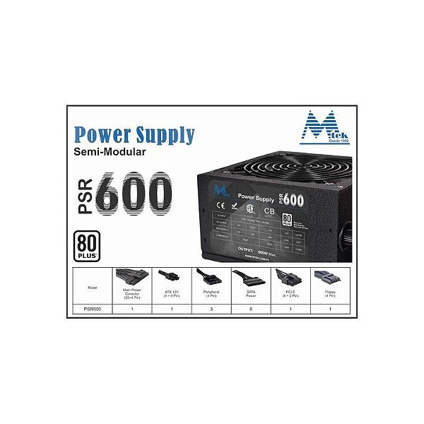 Fonte de Alimentação Mtek Psr 600 80 Plus Semi Modular 600W