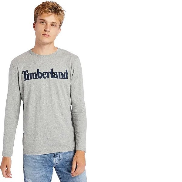 Camiseta Masculina Timberland Manga Longa Com Logo Linear Cinza Médio Tb0A28H2 052