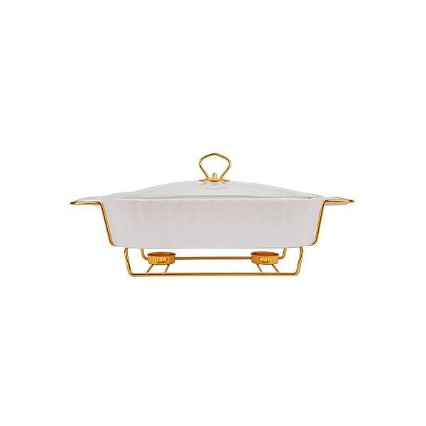Rechaud de Porcelana com Tampa de Vidro - 2 Compartimentos 32x24CM