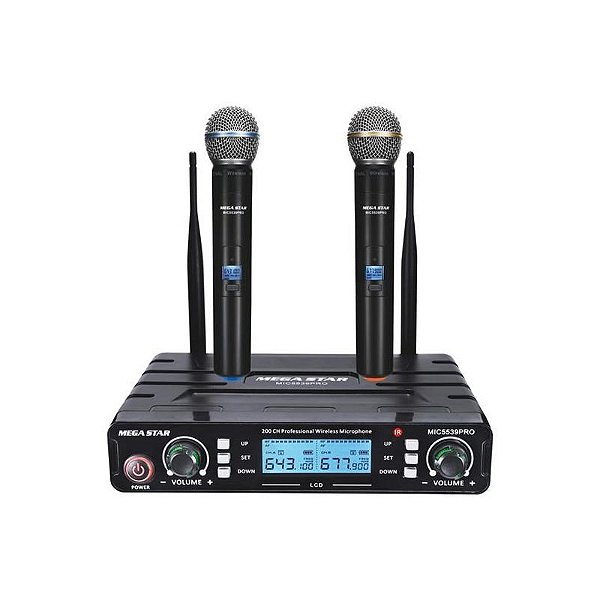 Microfone Sem Fio Megastar MIC5539PRO com 2 Microfones Bivolt - Cor Preto