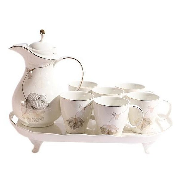 Conjunto Elegante de Xícaras com Bule e Bandeja em Cerâmica - 8 Peças