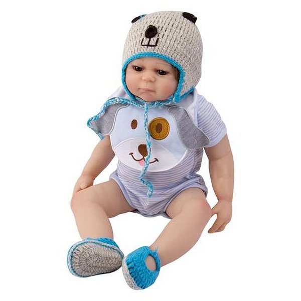 Boneca Reborn Infantil V-63 - 55cm em Silicone com Acessório de Roupa para Cachorro