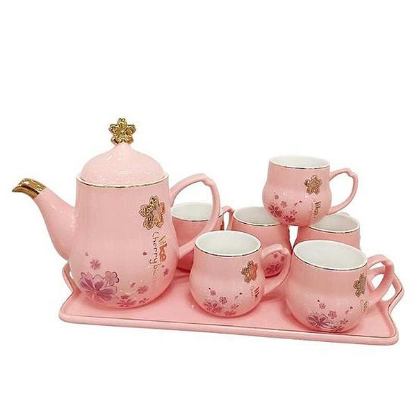 Conjunto de Chá com Xícaras, Bule e Bandeja Cerâmica Rosa - 8 Peças