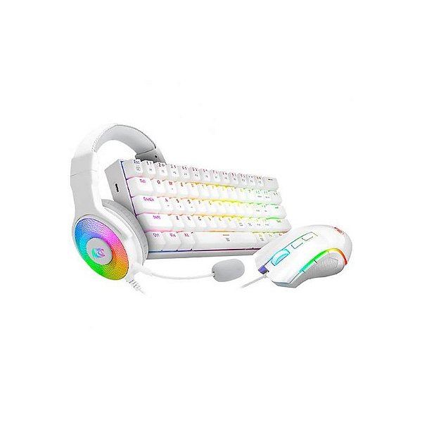 Conjunto Essencial para Gamers Redragon S129W: Teclado, Mouse e Headset Brancos