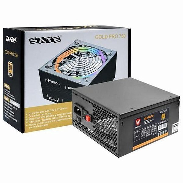 Fonte Sate 750W ATX750 RGB Pro 80 Plus Gold - Eficiência e Estilo para seu PC