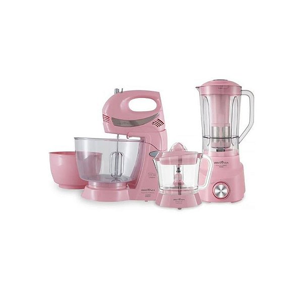 Conjunto de Eletroportáteis Britania: Batedeira, Espremedor e Liquidificador - Rosa 220V