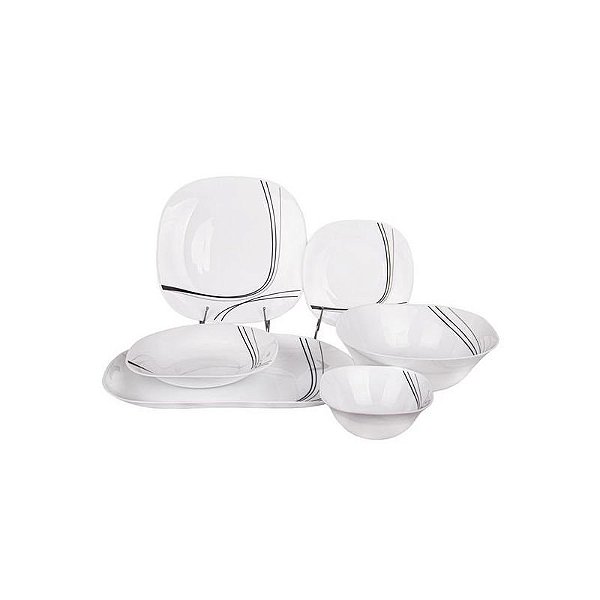 Conjunto de Jantar em Vidro Francês Branco com Listras Pretas - 26 Peças