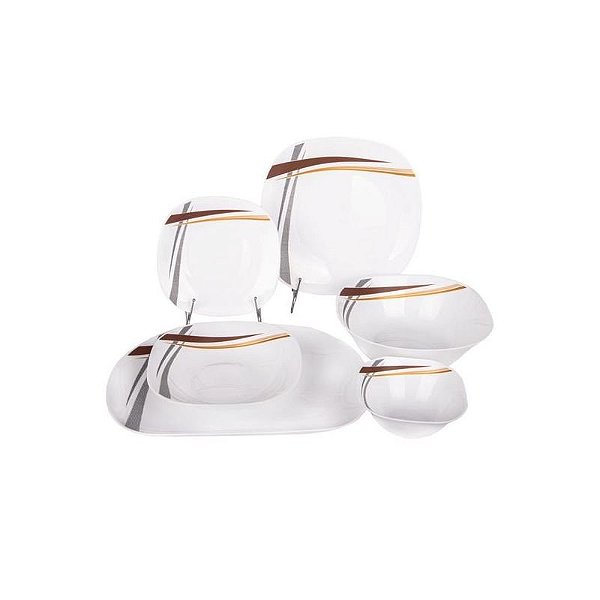 Conjunto de Jantar Branco com Listra Marrom - 26 Peças Elegantes