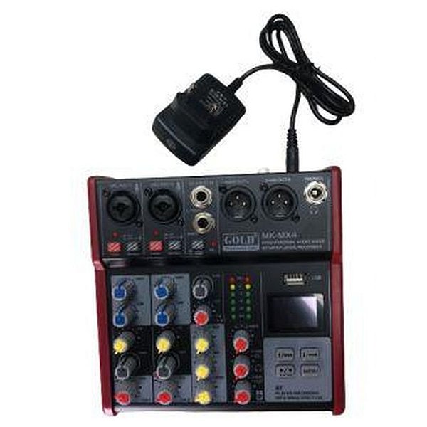 Mesa de Som Dourada MK-MX4 profissional com design elegante e funcionalidades avançadas para mixagem áudio.