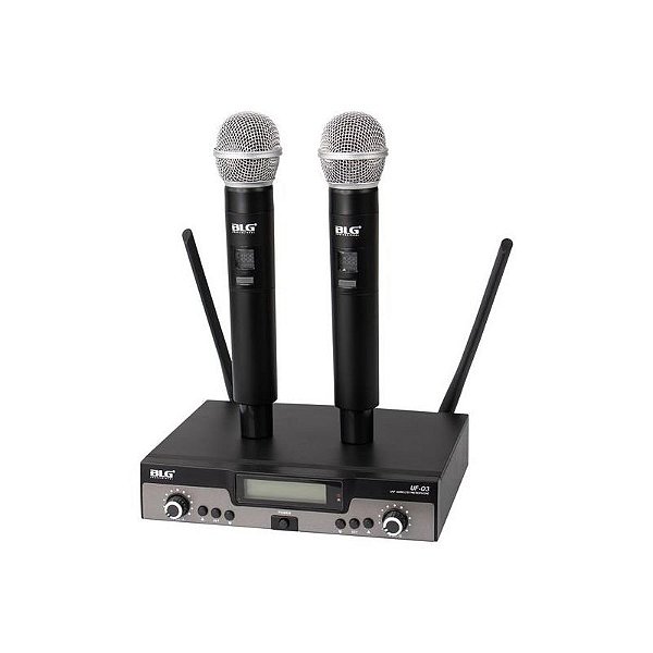 Microfone Sem Fio BLG UF-03 - Conjunto com 2 Equipamentos UHF - Preto