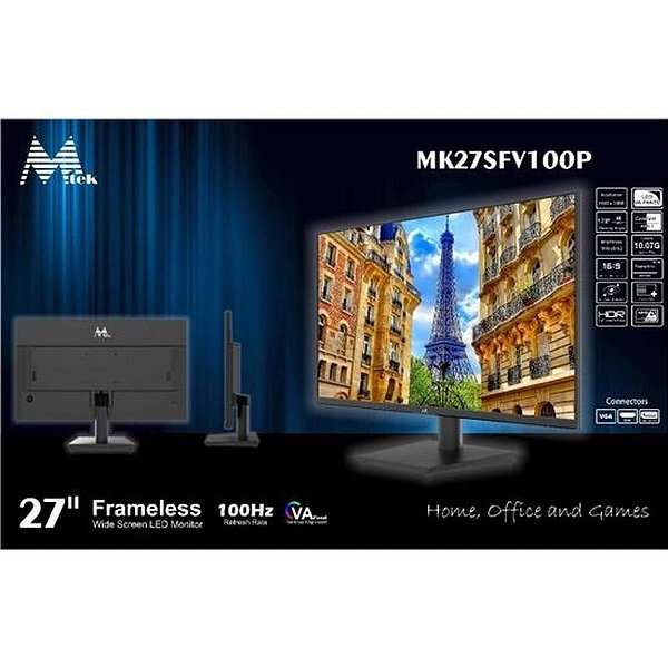Monitor Mtek 27 MK27SFV100P FHD 100Hz - Conexões VGA/HDMI/DP Slim Design