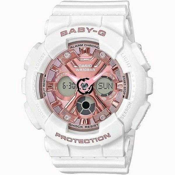 Relógio Casio Baby-G Feminino BA-130-7A1DR - Branco e Rosa Ouro Elegante