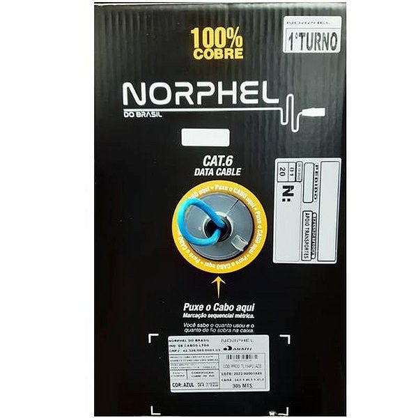 Cabo De Rede Utp Norphel Cat6 100% Cobre Azul - Rolo De 305 Metros