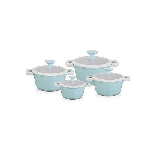 Conjunto de Panelas Indução Ucc Life Azul Claro 16 Peças com Tampa e Protetores de Silicone