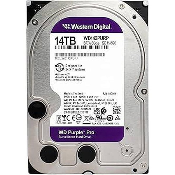 Disco Rígido SATA3 14TB WD Purple Pro 7200RPM para Vigilância e Armazenamento