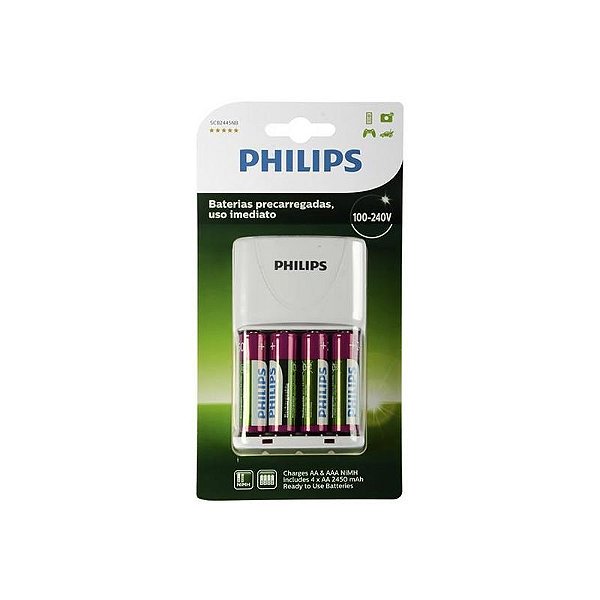 Carregador De Pilhas Philips Scb2445Nb/97 - Kit Completo Com 4 Pilhas Aa Bivolt