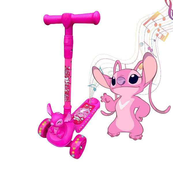 Patinete Stitch Rosa Infantil 3 Rodas Com Luz Som e Bichinho
