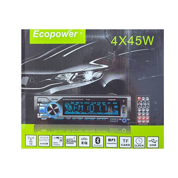 Rádio Automotivo Ecopower Bluetooth USB SD FM 4x45W MP3 Aux
