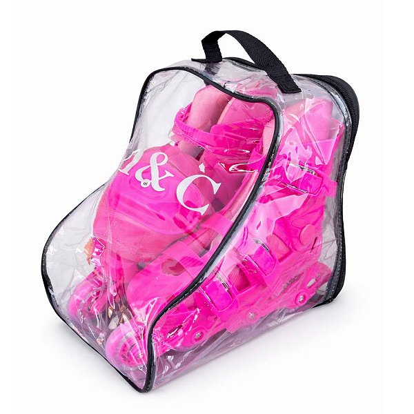 Patins Inline Roller De 4 Rodas Rosa Kit de proteção e Cones
