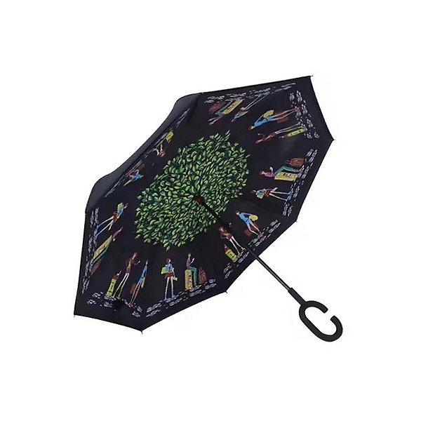 Guarda-Chuva Invertido Dupla Camada Flores Cabo Curvo Preto/Verde