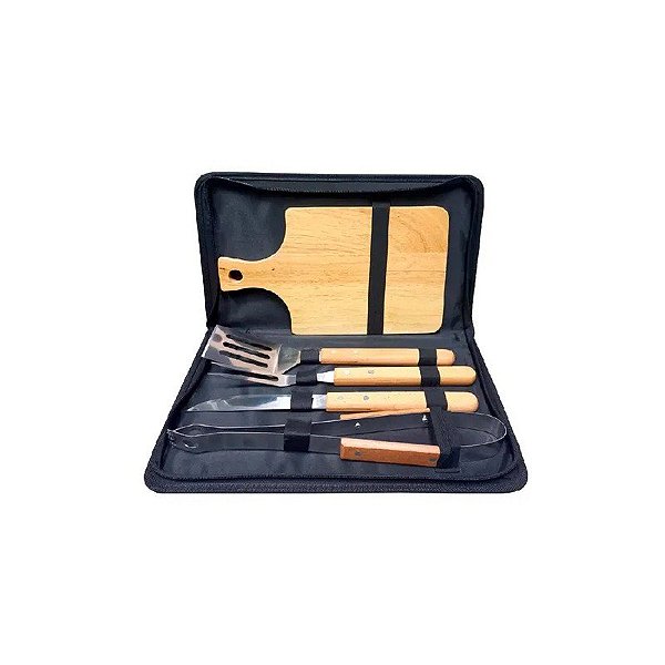 Jogo para Churrasco com Tábua de Bambu e Estojo 5 Peças