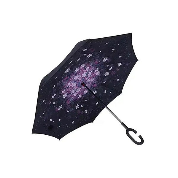 Guarda-Chuva Invertido Dupla Camada Flores Cabo Curvo Preto/Lilás