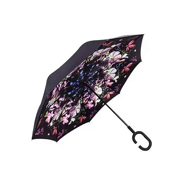 Guarda-Chuva Invertido Dupla Camada Flores Cabo C Preto/Branco