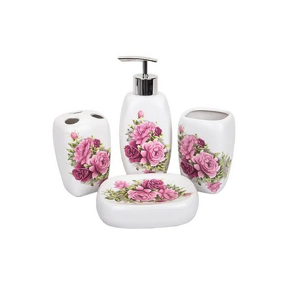 Kit Banheiro Porcelana Branco Estampa Floral 4 Peças