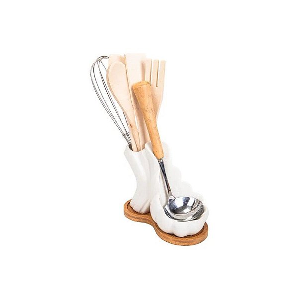Organizador de Talheres em Porcelana com Base de Bambu