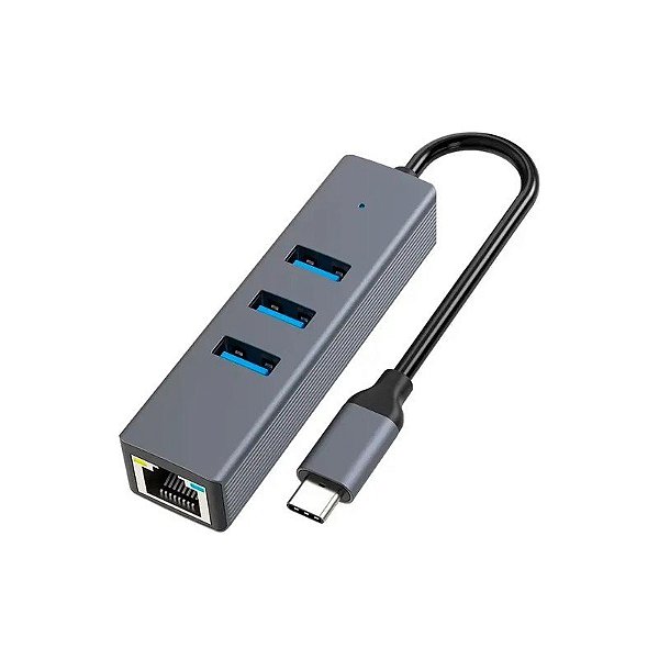 Hub Adaptador USB-C RJ45 USB 3.0 4 Em 1 - Cinza