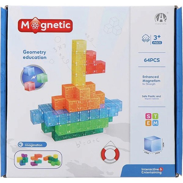 Jogo de Cubos Magnéticos de Construção Magnetic Chuang Huang - CH1443 (64 peças)