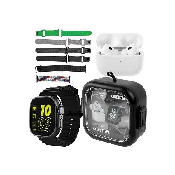 Kit Relógio K18-Combo 49 MM com Bluetooth + Fone de Ouvido Sem Fio + Case Preto