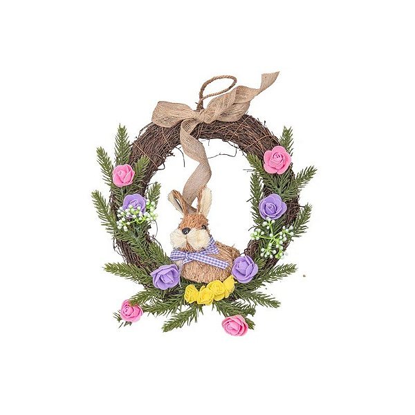 Coroa Decorativa de Coelho da Páscoa Artesanal 24 CM