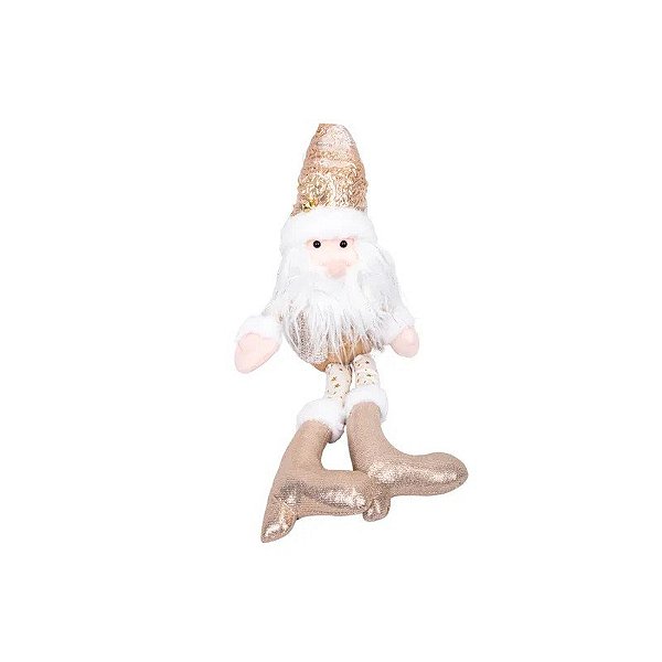 Boneco Decorativo de Natal Papai Noel Sentado 30cm Branco e Dourado