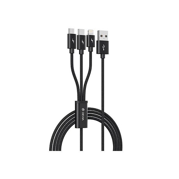 Cabo Devia EC048 3 Em 1 USB-A Para USB-C/ Lightning/ M-USB 1,2 Metros - Preto