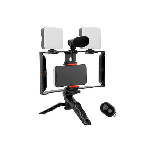 Bastão de Selfie AY-49X - 2 Luzes LED - Bluetooth - com Tripé e Microfone - Preto