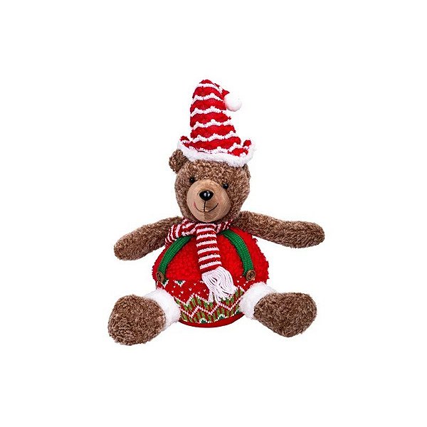 Urso de Natal Decorativo com Chapéu Vermelho e Cachecol 42CM