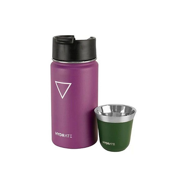 Garrafa Térmica Hydrate Café com Xícara Espresso - 355ML e 80ML - Roxo e Verde Militar