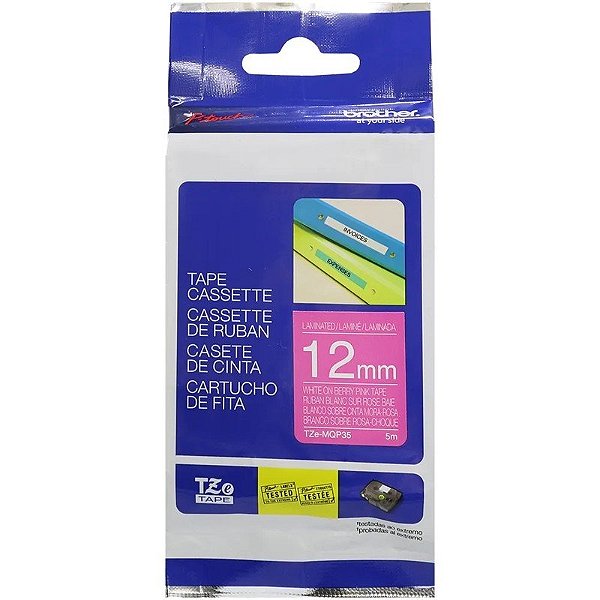 Cassete de Fita Brother TZe-MQP35 para Rotuladora P-Touch 12mm/5 metros - Branco/Roxo-Rosa