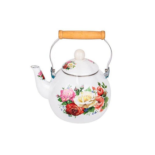 Chaleira Esmaltada Vintage Porcelana Elegante 3,0 Litros Cor Branca Floral