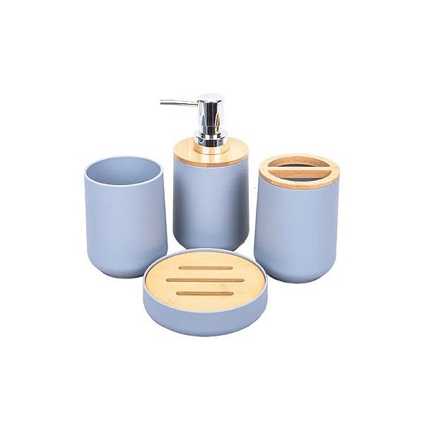 Kit de Banheiro Plástico e Bambu Cinza 4 Peças