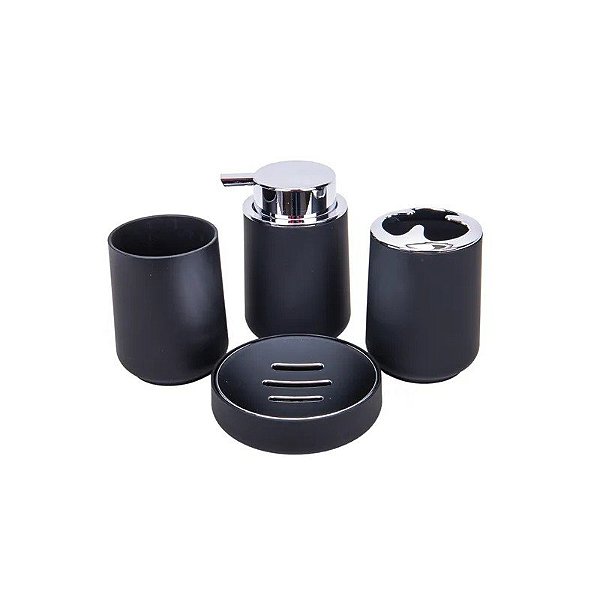 Kit de Banheiro Plástico Preto/Prata 4 Peças