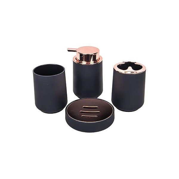 Kit Banheiro Plástico Preto Rosé Gold 4 Peças