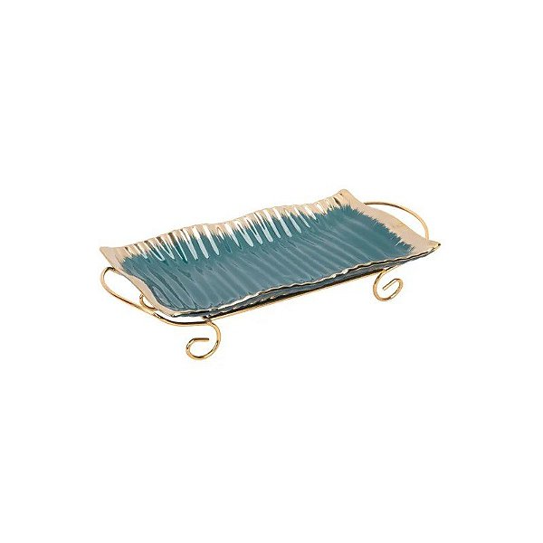 Bandeja de Porcelana com Suporte Metálico - Azul com Detalhes Dourados